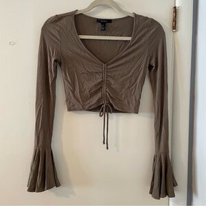 Forever 21 Greyish/Olive Green Ruched Long Sleeve Crop Top